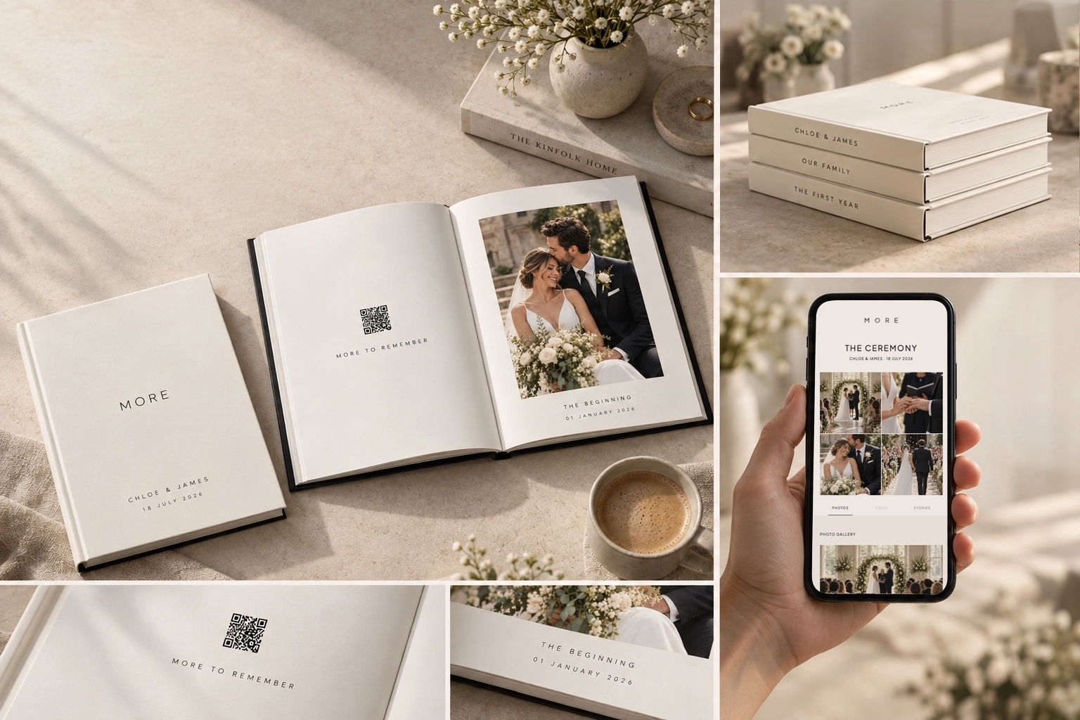 Prototype MORE hardback shown across cover, memory spread and mobile digital experience