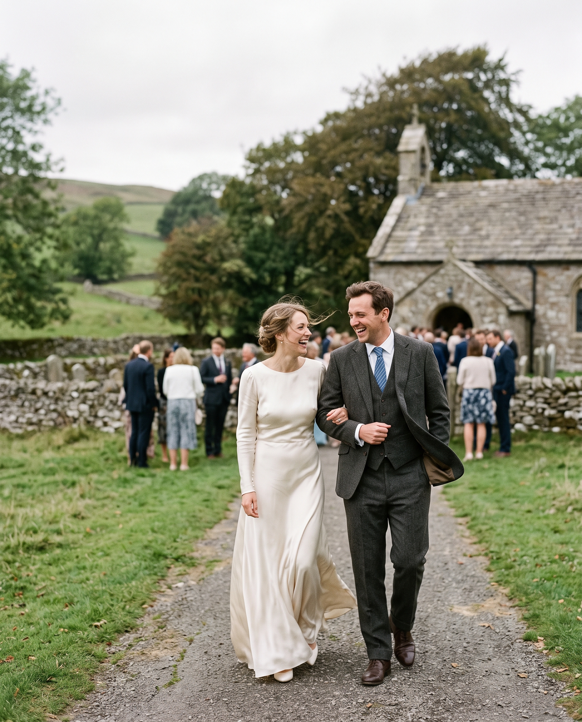 Newly married couple walking together outside a countryside church