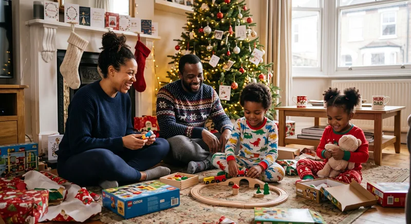 Family opening presents together on Christmas morning