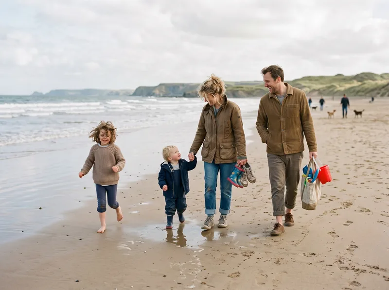 Family walking together on a British beach