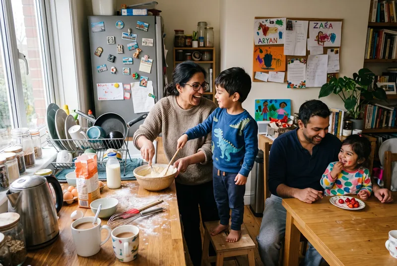 Family baking together on an ordinary Sunday morning