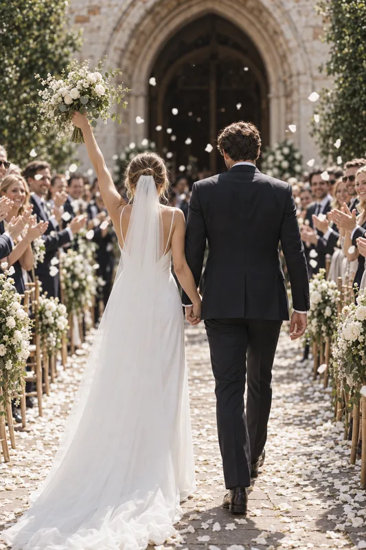 Chloe and James walking together after the ceremony