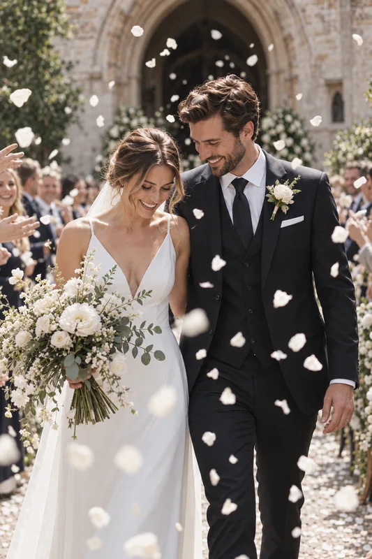 Chloe and James celebrating with their wedding guests