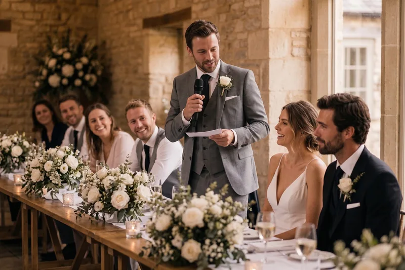 Best man giving a speech beside the newly married couple